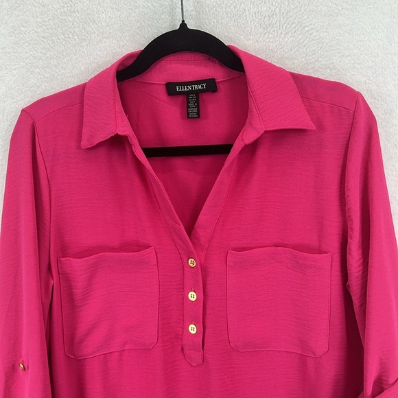 Ellen Tracy Women’s Blouse Top Sz S Pink Textured Polyester L/S Roll-Tabs EUC - Picture 3 of 9